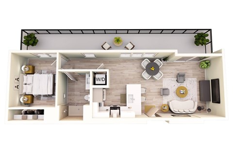 Floor plan for 1 bed, 1 bath, 689 sqft